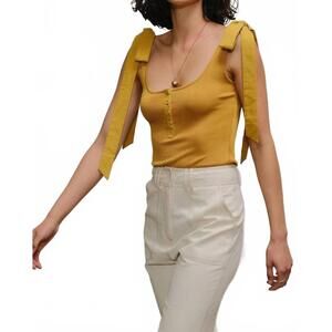 NEW ENDLESS BLU. ribbon tie shoulder ribbed tank top in mustard